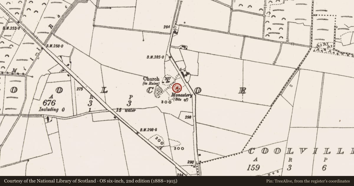 Ordnance Survey six-inch map, 2nd edition (1888–1915) covering the location of Building, Coolcor, County Offaly, with a pin at the register's coordinates