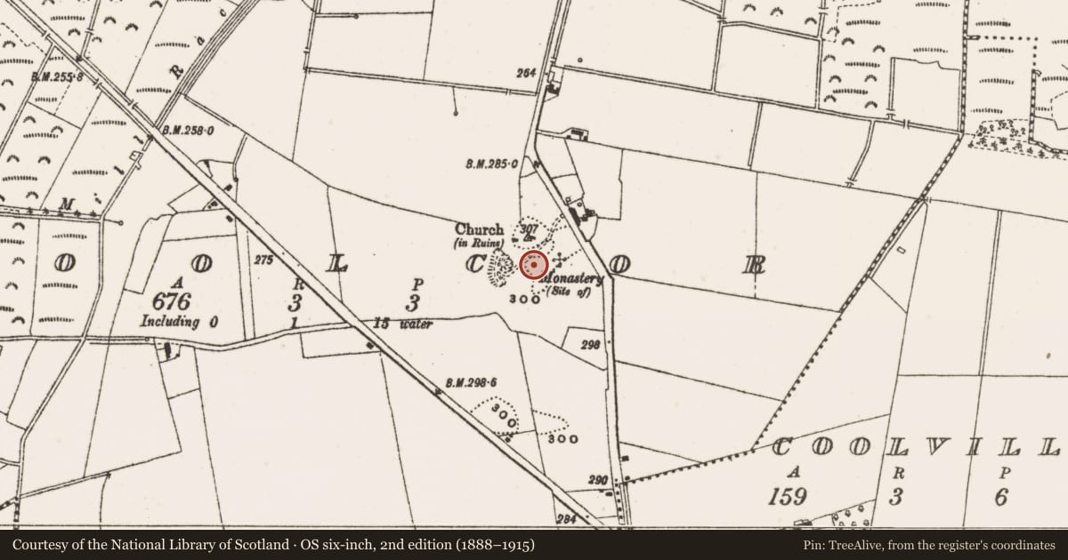 Ordnance Survey six-inch map, 2nd edition (1888–1915) covering the location of Cross - Wayside cross, Coolcor, County Offaly, with a pin at the register's coordinates
