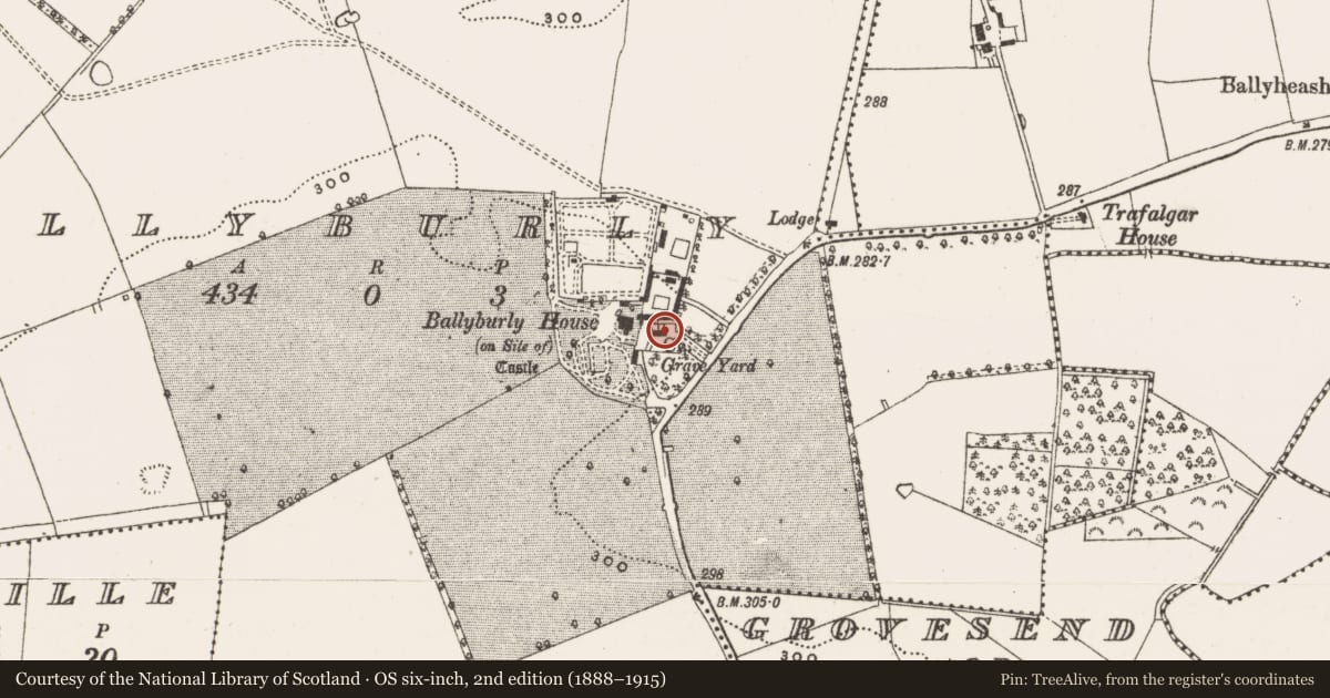 Ordnance Survey six-inch map, 2nd edition (1888–1915) covering the location of Wall monument, Ballyburly, County Offaly, with a pin at the register's coordinates