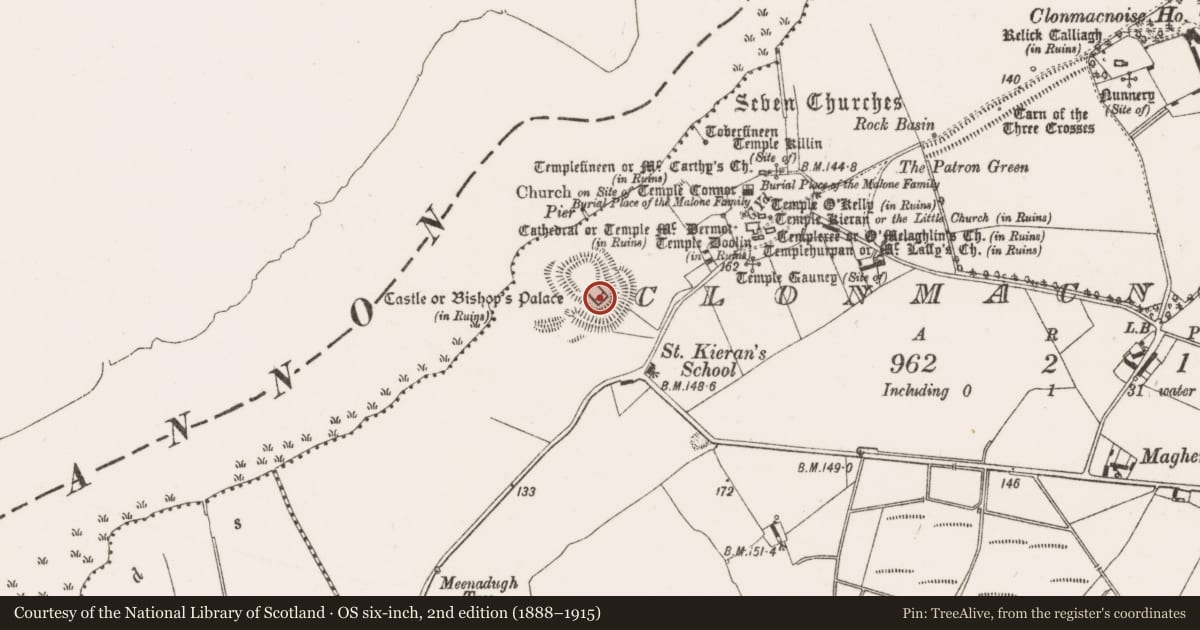 Ordnance Survey six-inch map, 2nd edition (1888–1915) covering the location of Castle - Anglo-Norman masonry castle, Clonmacnoise, County Offaly, with a pin at the register's coordinates
