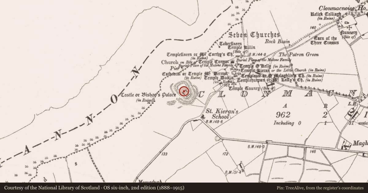 Ordnance Survey six-inch map, 2nd edition (1888–1915) covering the location of Field system, Clonmacnoise, County Offaly, with a pin at the register's coordinates
