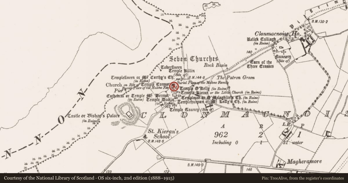 Ordnance Survey six-inch map, 2nd edition (1888–1915) covering the location of Church, Clonmacnoise, County Offaly, with a pin at the register's coordinates