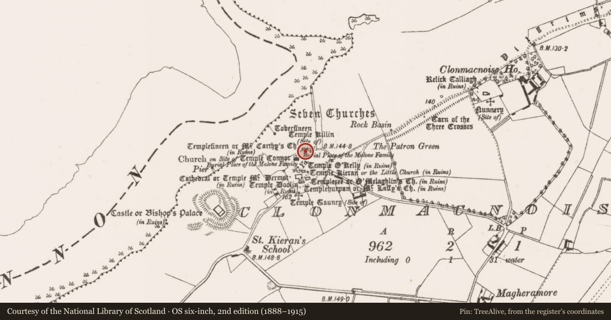 Ordnance Survey six-inch map, 2nd edition (1888–1915) covering the location of Church, Clonmacnoise, County Offaly, with a pin at the register's coordinates