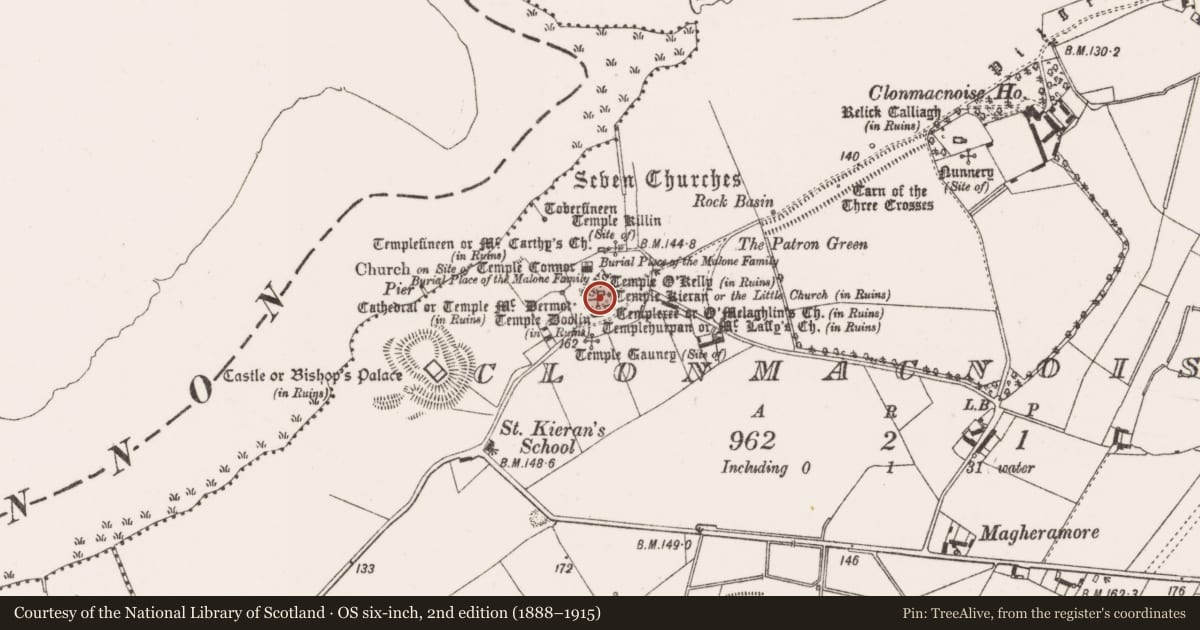 Ordnance Survey six-inch map, 2nd edition (1888–1915) covering the location of Hospital, Clonmacnoise, County Offaly, with a pin at the register's coordinates