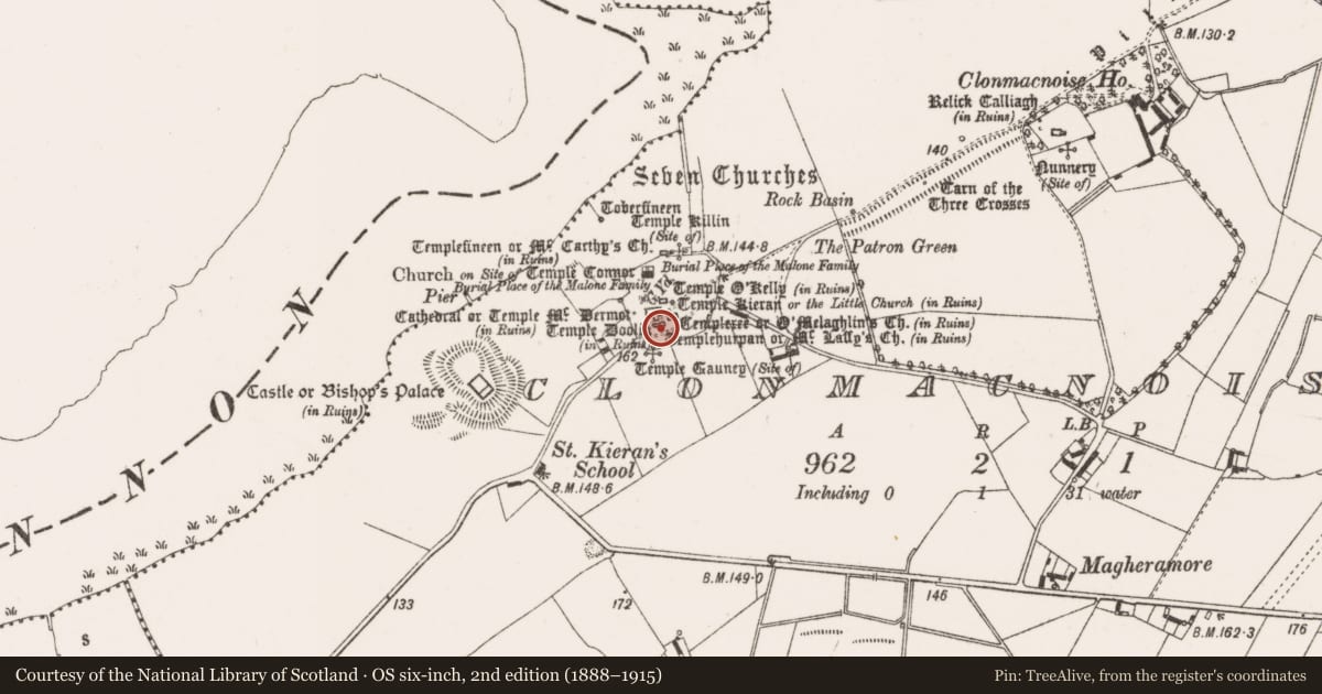 Ordnance Survey six-inch map, 2nd edition (1888–1915) covering the location of Church, Clonmacnoise, County Offaly, with a pin at the register's coordinates