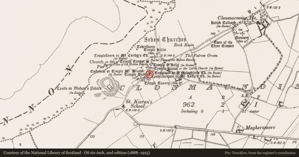 Ordnance Survey six-inch map, 2nd edition (1888–1915) covering the location of Church, Clonmacnoise, County Offaly, with a pin at the register's coordinates