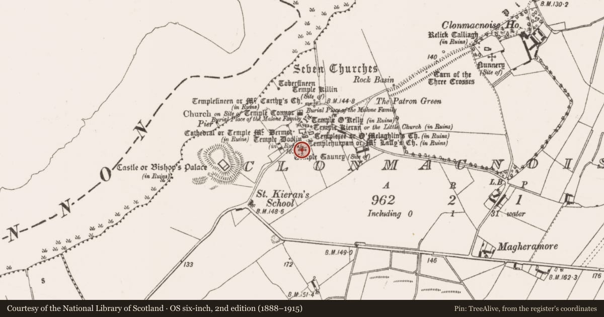 Ordnance Survey six-inch map, 2nd edition (1888–1915) covering the location of Church, Clonmacnoise, County Offaly, with a pin at the register's coordinates
