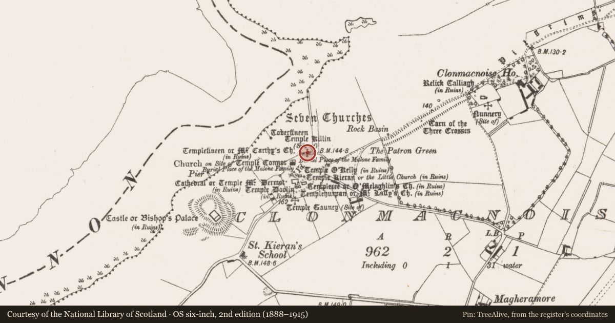 Ordnance Survey six-inch map, 2nd edition (1888–1915) covering the location of Church, Clonmacnoise, County Offaly, with a pin at the register's coordinates