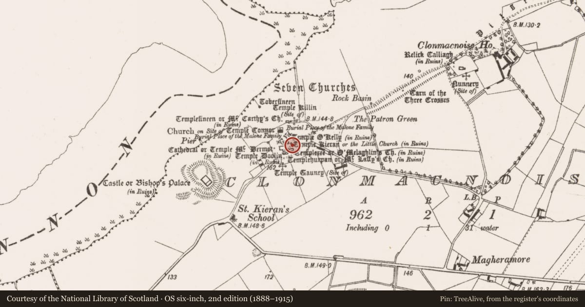 Ordnance Survey six-inch map, 2nd edition (1888–1915) covering the location of Church, Clonmacnoise, County Offaly, with a pin at the register's coordinates