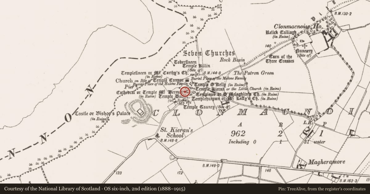 Ordnance Survey six-inch map, 2nd edition (1888–1915) covering the location of Cross - High cross, Clonmacnoise, County Offaly, with a pin at the register's coordinates