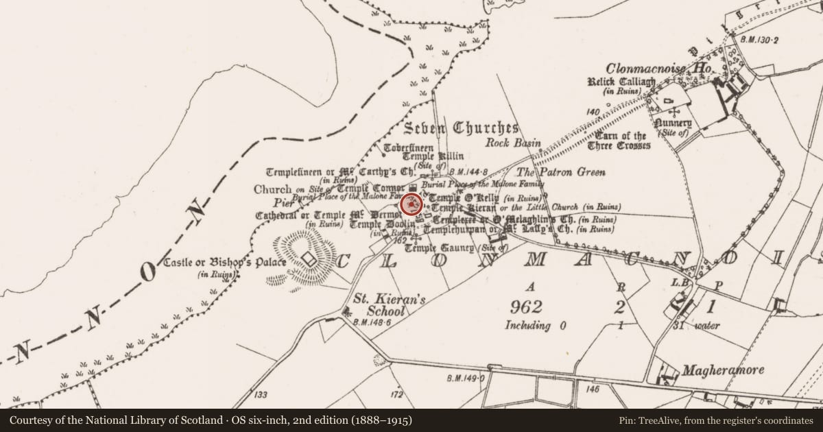 Ordnance Survey six-inch map, 2nd edition (1888–1915) covering the location of Cross - High cross, Clonmacnoise, County Offaly, with a pin at the register's coordinates