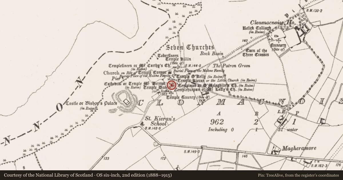 Ordnance Survey six-inch map, 2nd edition (1888–1915) covering the location of Cross - High cross, Clonmacnoise, County Offaly, with a pin at the register's coordinates