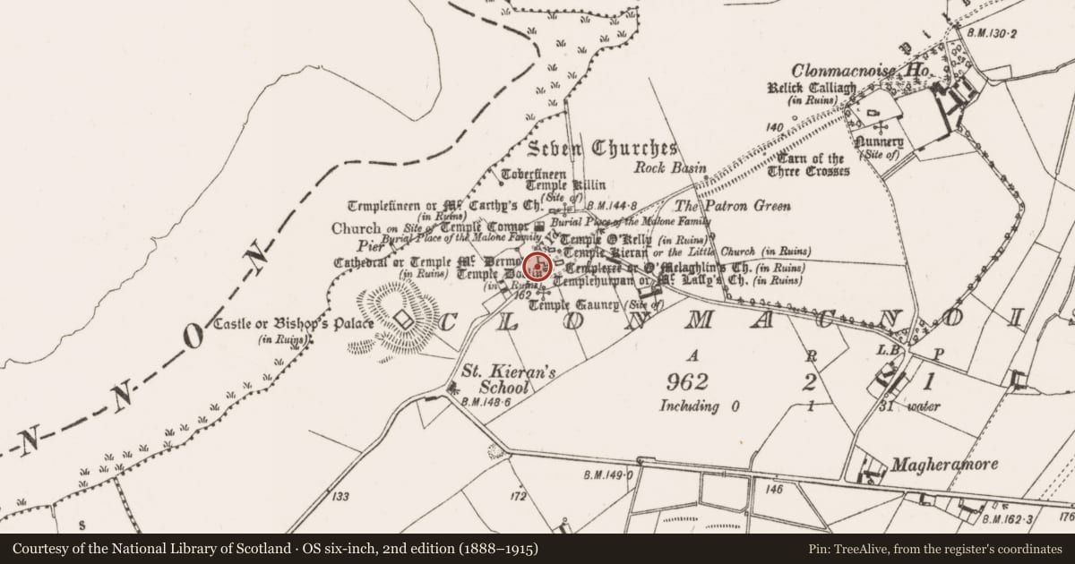 Ordnance Survey six-inch map, 2nd edition (1888–1915) covering the location of Cross - High cross, Clonmacnoise, County Offaly, with a pin at the register's coordinates