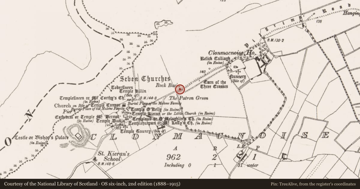 Ordnance Survey six-inch map, 2nd edition (1888–1915) covering the location of Bullaun stone, Clonmacnoise, County Offaly, with a pin at the register's coordinates