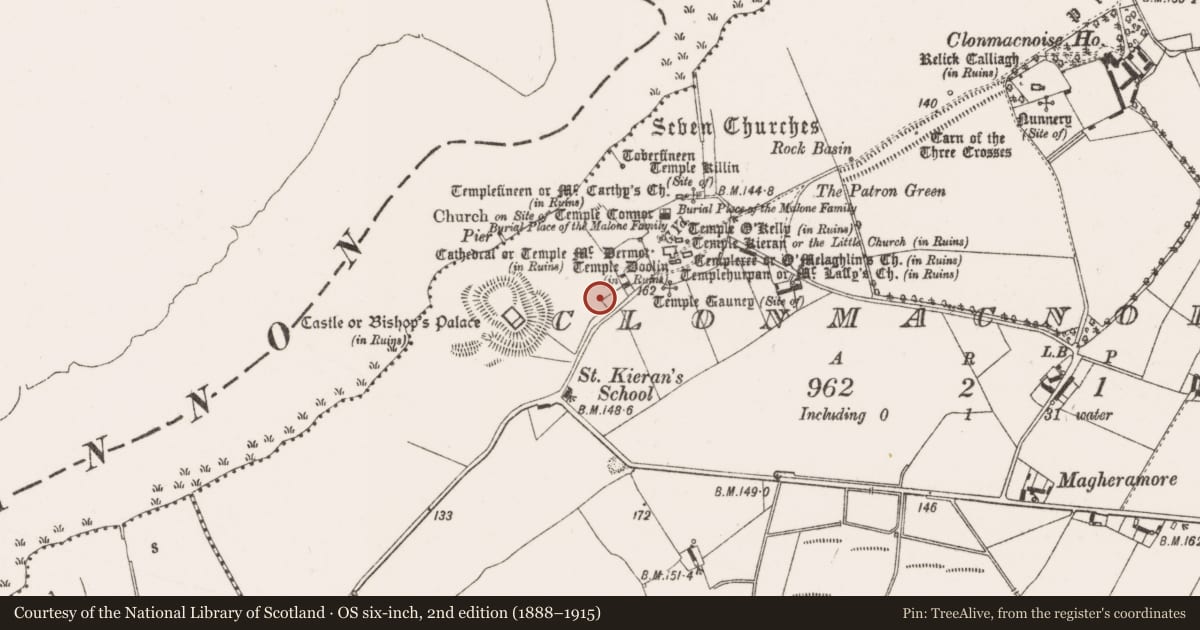 Ordnance Survey six-inch map, 2nd edition (1888–1915) covering the location of Cross-slab, Clonmacnoise, County Offaly, with a pin at the register's coordinates