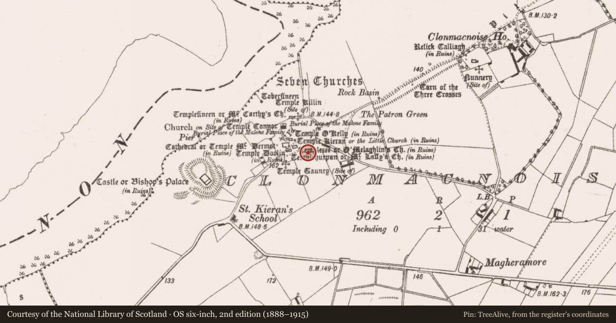 Ordnance Survey six-inch map, 2nd edition (1888–1915) covering the location of House - medieval, Clonmacnoise, County Offaly, with a pin at the register's coordinates
