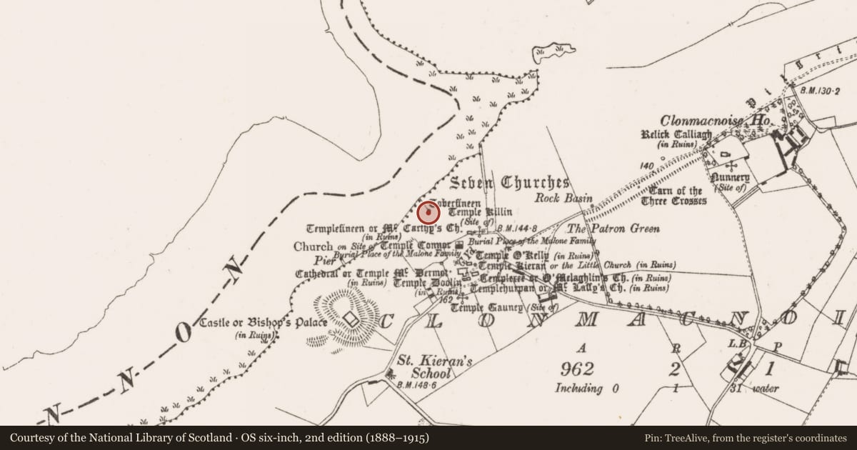Ordnance Survey six-inch map, 2nd edition (1888–1915) covering the location of Ritual site - holy well, Clonmacnoise, County Offaly, with a pin at the register's coordinates
