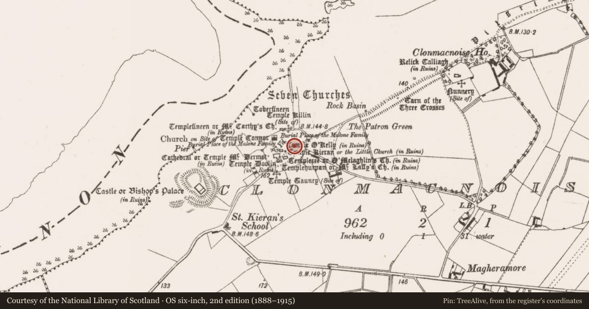 Ordnance Survey six-inch map, 2nd edition (1888–1915) covering the location of Road - road/trackway, County Offaly, with a pin at the register's coordinates