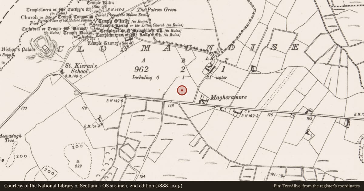 Ordnance Survey six-inch map, 2nd edition (1888–1915) covering the location of Ecclesiastical enclosure, Clonmacnoise, County Offaly, with a pin at the register's coordinates