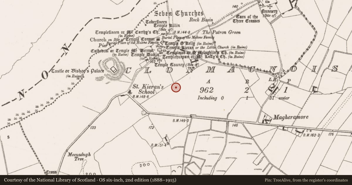 Ordnance Survey six-inch map, 2nd edition (1888–1915) covering the location of Road - road/trackway, Clonmacnoise, County Offaly, with a pin at the register's coordinates