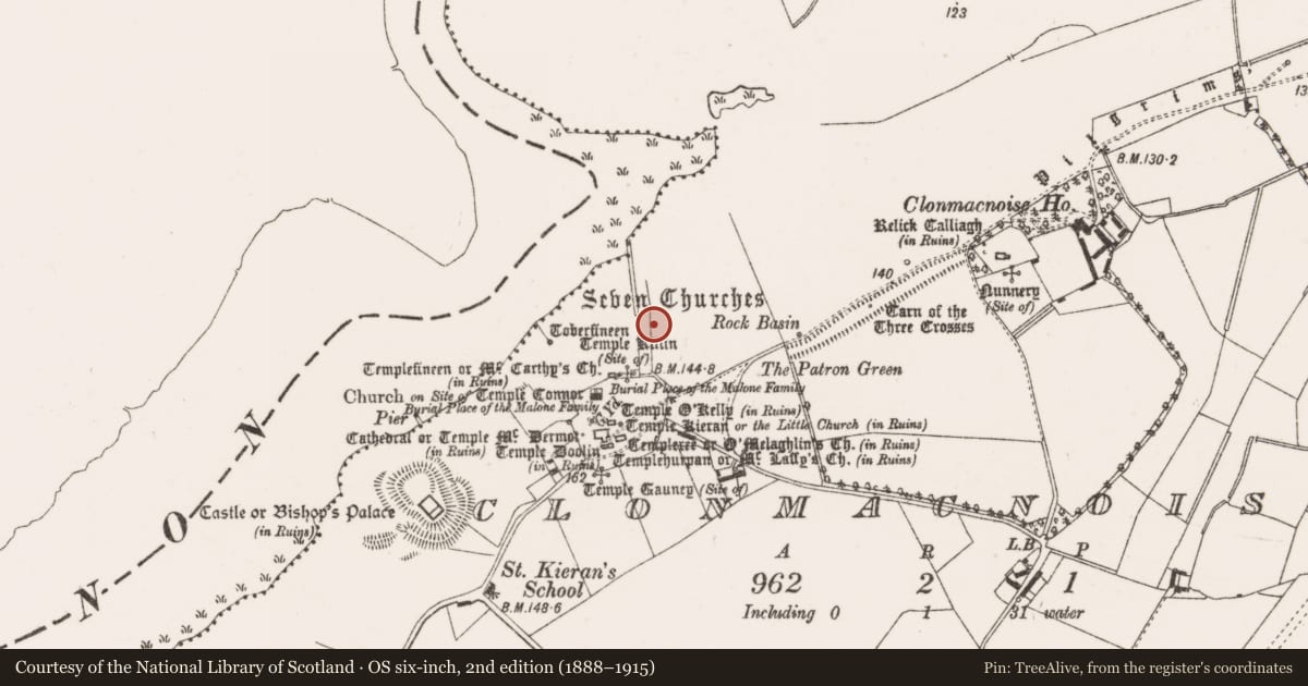 Ordnance Survey six-inch map, 2nd edition (1888–1915) covering the location of Ogham stone, Clonmacnoise, County Offaly, with a pin at the register's coordinates