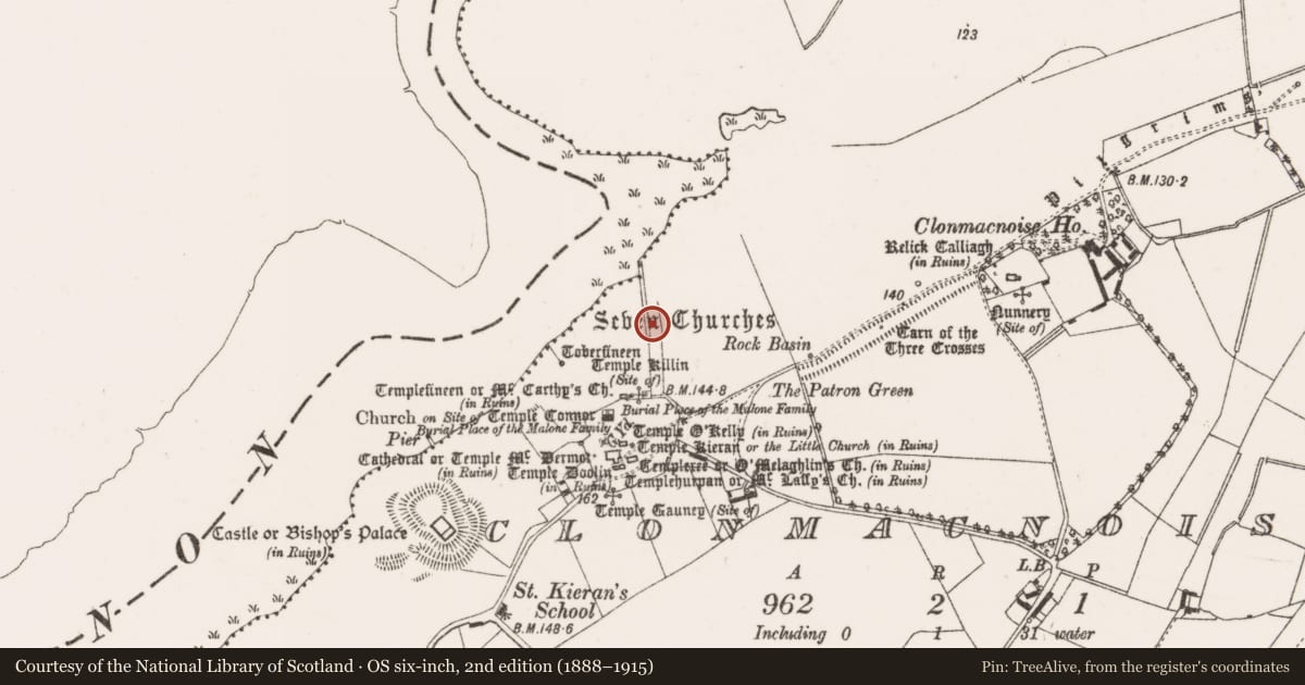 Ordnance Survey six-inch map, 2nd edition (1888–1915) covering the location of House - early medieval, Clonmacnoise, County Offaly, with a pin at the register's coordinates
