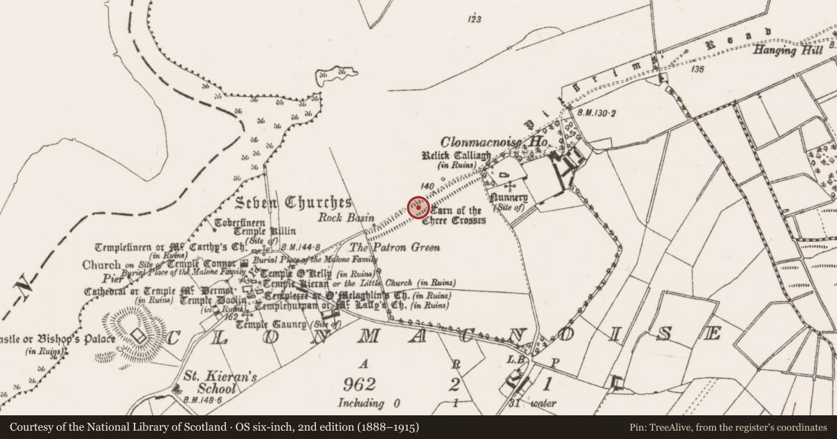 Ordnance Survey six-inch map, 2nd edition (1888–1915) covering the location of Cairn - unclassified, Clonmacnoise, County Offaly, with a pin at the register's coordinates