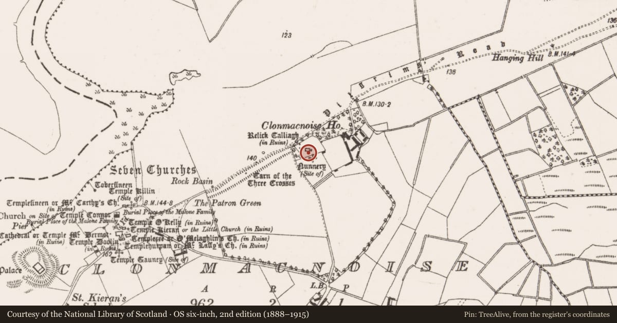 Ordnance Survey six-inch map, 2nd edition (1888–1915) covering the location of Church, Clonmacnoise, County Offaly, with a pin at the register's coordinates