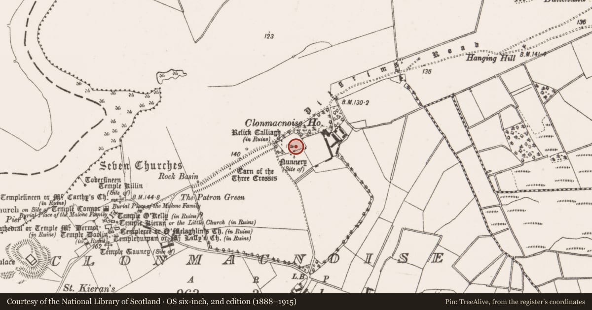 Ordnance Survey six-inch map, 2nd edition (1888–1915) covering the location of Enclosure, Clonmacnoise, County Offaly, with a pin at the register's coordinates