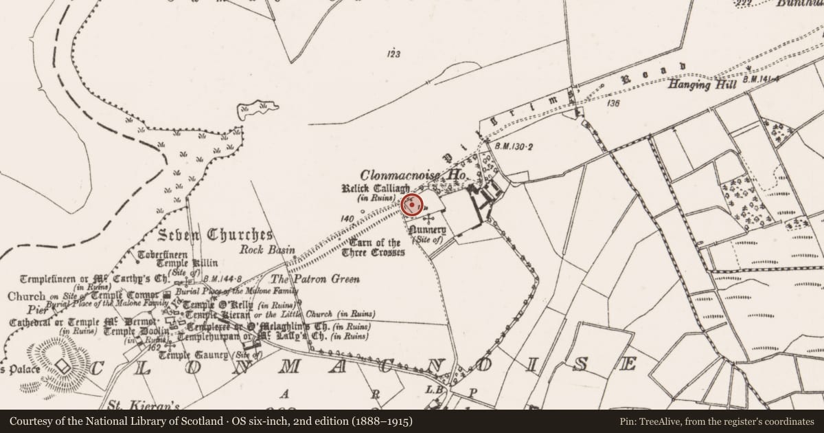Ordnance Survey six-inch map, 2nd edition (1888–1915) covering the location of Building, Clonmacnoise, County Offaly, with a pin at the register's coordinates