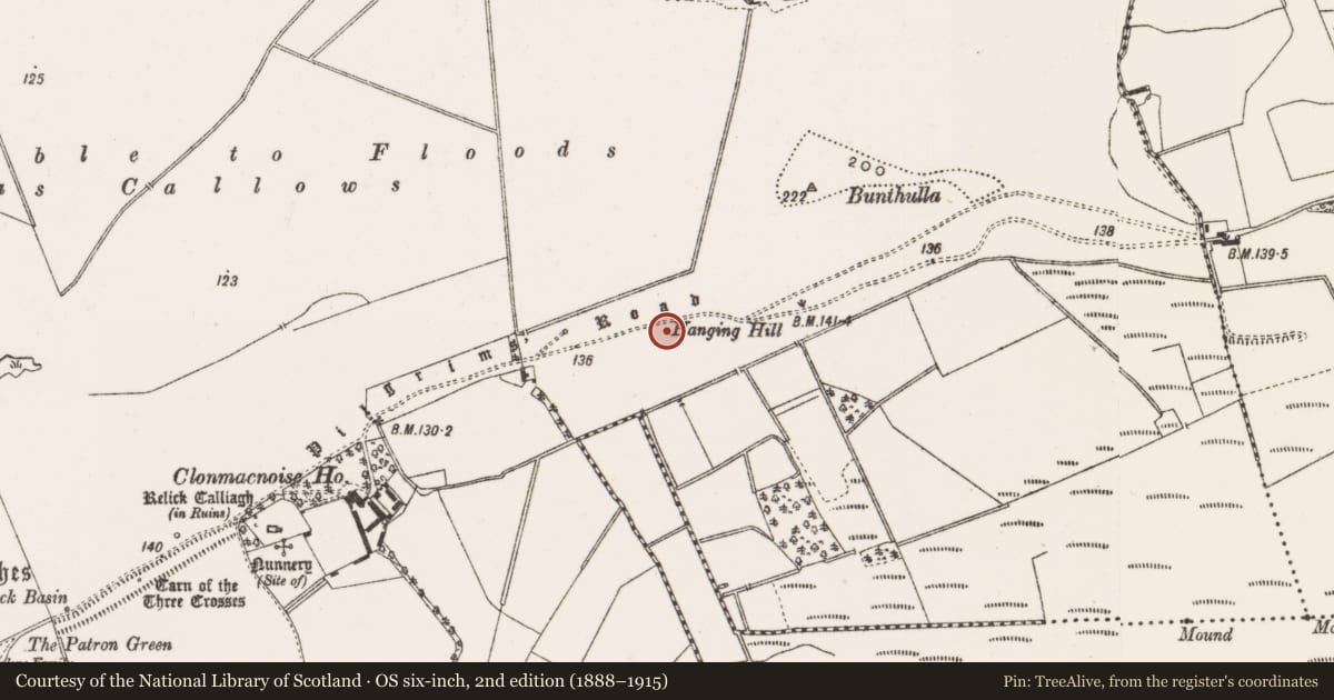 Ordnance Survey six-inch map, 2nd edition (1888–1915) covering the location of Burial, Clonmacnoise, County Offaly, with a pin at the register's coordinates