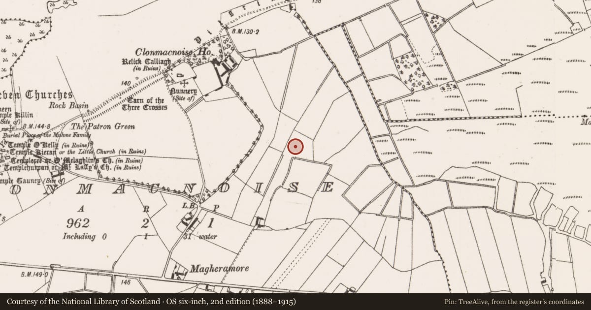 Ordnance Survey six-inch map, 2nd edition (1888–1915) covering the location of Enclosure, Clonmacnoise, County Offaly, with a pin at the register's coordinates