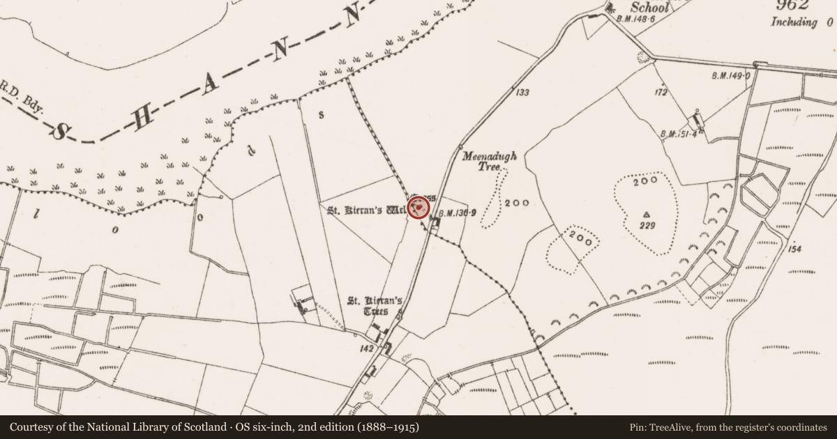 Ordnance Survey six-inch map, 2nd edition (1888–1915) covering the location of Stone sculpture, Clonmacnoise, County Offaly, with a pin at the register's coordinates