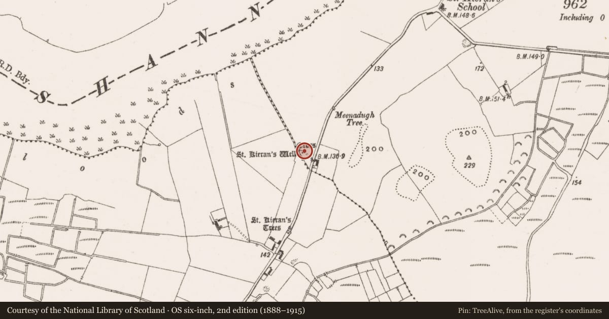 Ordnance Survey six-inch map, 2nd edition (1888–1915) covering the location of Cross-slab, Clonmacnoise, County Offaly, with a pin at the register's coordinates