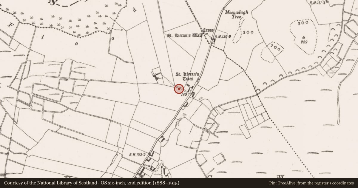 Ordnance Survey six-inch map, 2nd edition (1888–1915) covering the location of Ritual site - holy well, Creevagh, County Offaly, with a pin at the register's coordinates