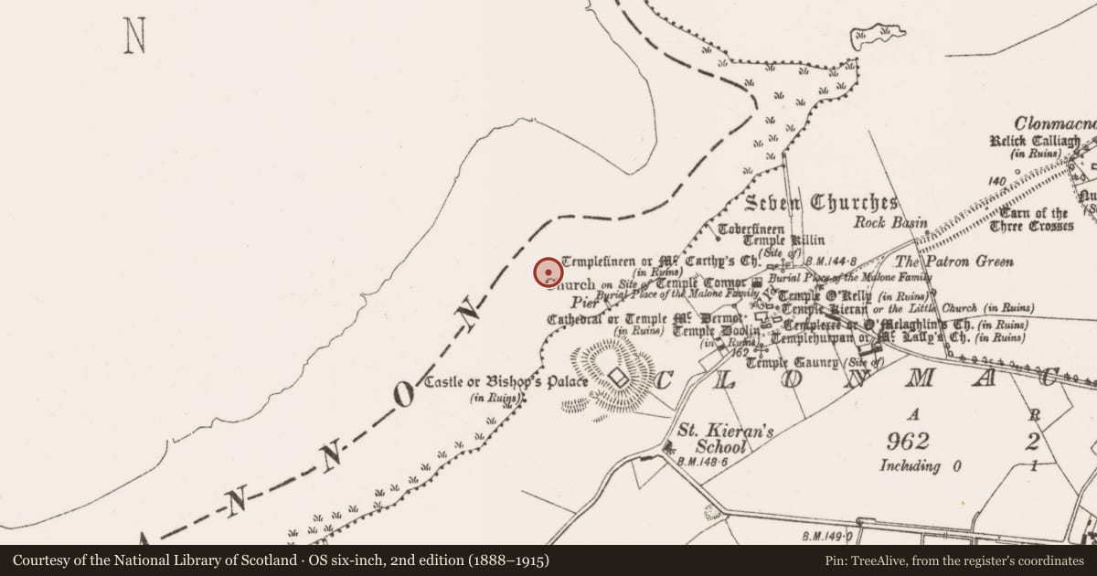 Ordnance Survey six-inch map, 2nd edition (1888–1915) covering the location of Bridge, Clonmacnoise, County Offaly, with a pin at the register's coordinates