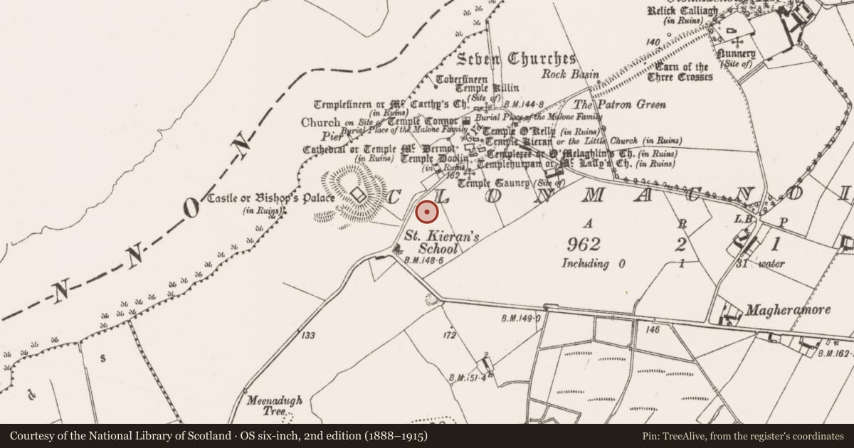 Ordnance Survey six-inch map, 2nd edition (1888–1915) covering the location of Graveyard, Clonmacnoise, County Offaly, with a pin at the register's coordinates
