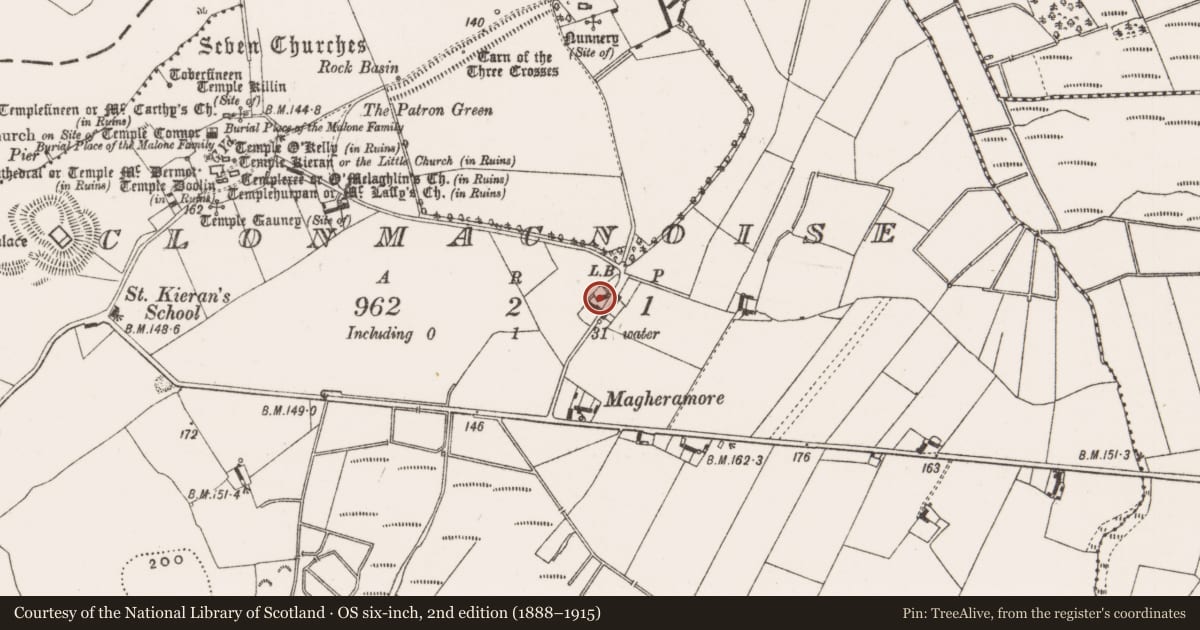 Ordnance Survey six-inch map, 2nd edition (1888–1915) covering the location of Water mill - unclassified, Clonmacnoise, County Offaly, with a pin at the register's coordinates