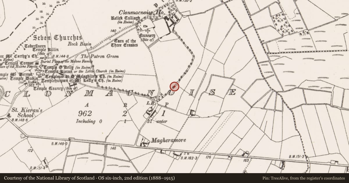 Ordnance Survey six-inch map, 2nd edition (1888–1915) covering the location of Watercourse, Clonmacnoise, County Offaly, with a pin at the register's coordinates