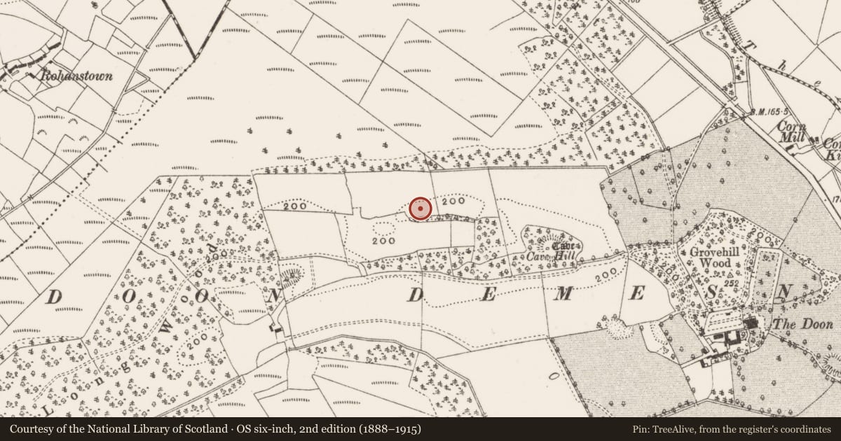 Ordnance Survey six-inch map, 2nd edition (1888–1915) covering the location of Enclosure, Doon Demesne, County Offaly, with a pin at the register's coordinates
