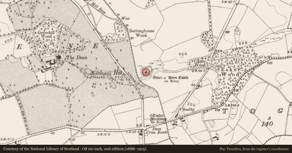Ordnance Survey six-inch map, 2nd edition (1888–1915) covering the location of Castle - tower house, Esker, County Offaly, with a pin at the register's coordinates