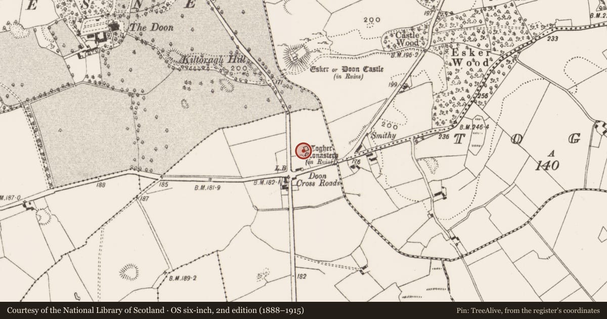 Ordnance Survey six-inch map, 2nd edition (1888–1915) covering the location of Bawn, Lackagh More, County Offaly, with a pin at the register's coordinates