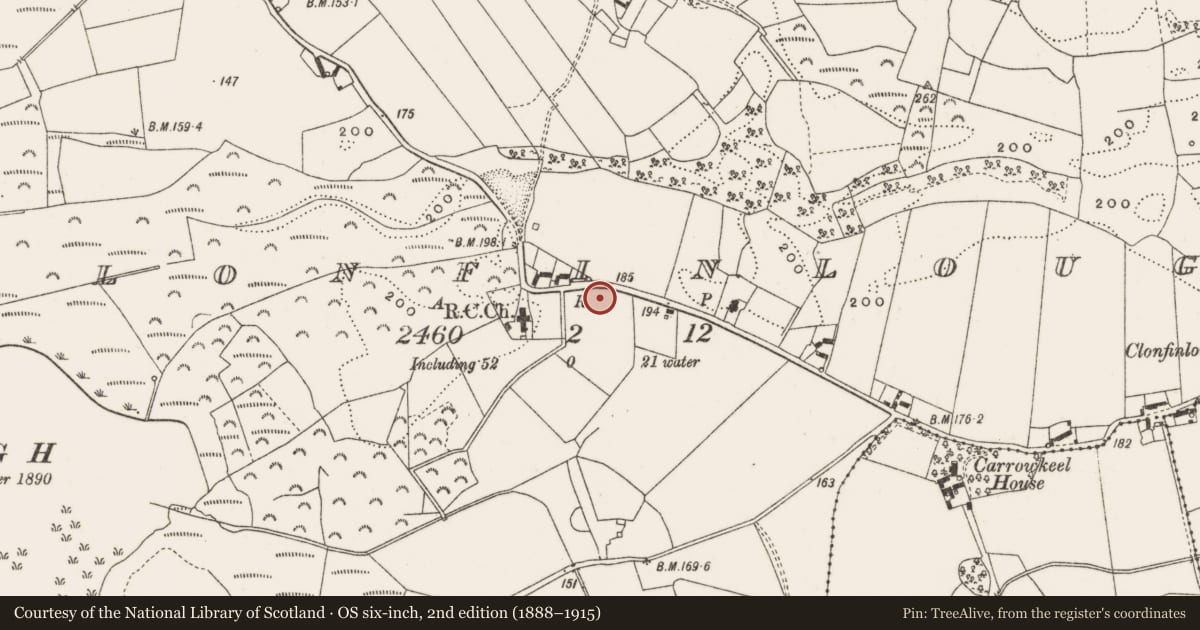 Ordnance Survey six-inch map, 2nd edition (1888–1915) covering the location of Enclosure, Clonfinlough, County Offaly, with a pin at the register's coordinates