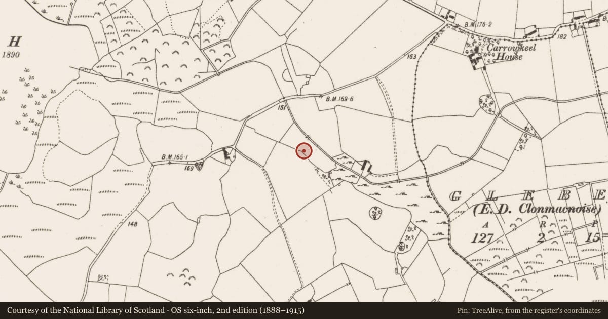 Ordnance Survey six-inch map, 2nd edition (1888–1915) covering the location of Enclosure, Clonfinlough, County Offaly, with a pin at the register's coordinates