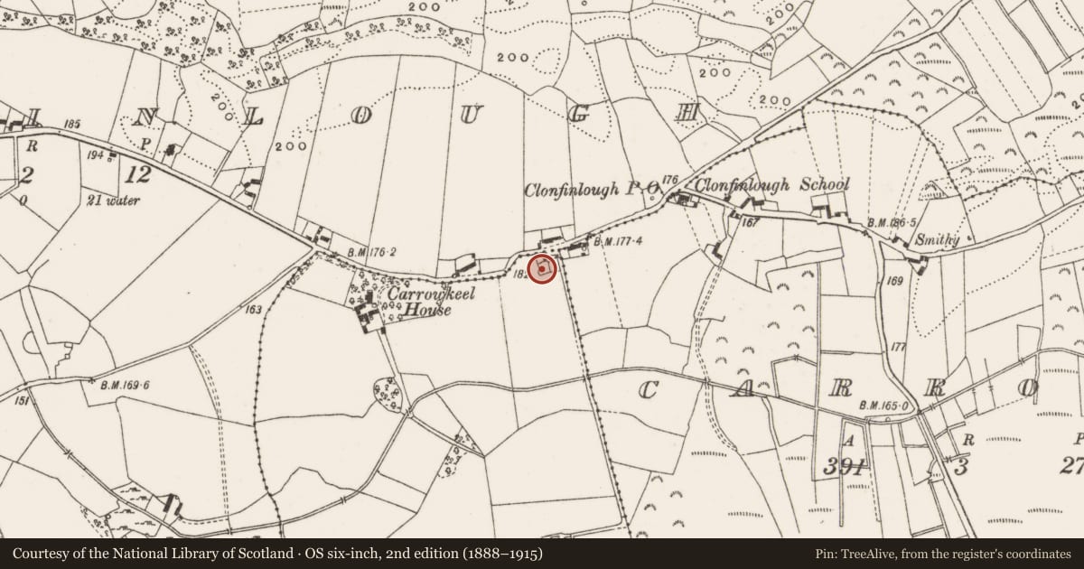 Ordnance Survey six-inch map, 2nd edition (1888–1915) covering the location of Burial ground, Glebe, County Offaly, with a pin at the register's coordinates