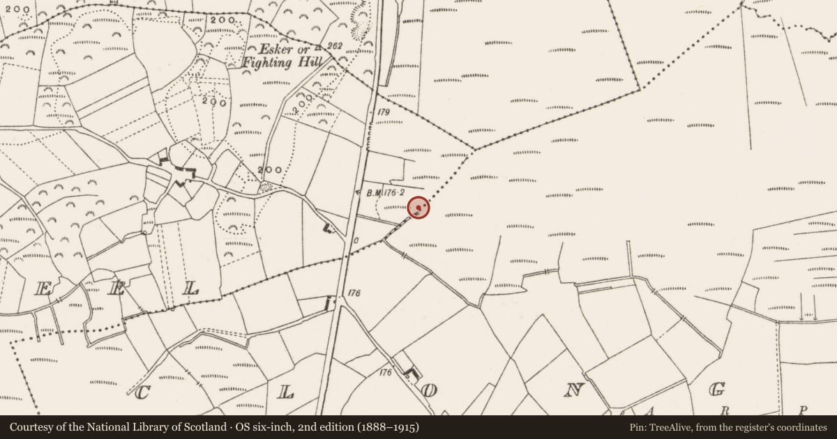 Ordnance Survey six-inch map, 2nd edition (1888–1915) covering the location of Structure - peatland, Carrowkeel, County Offaly, with a pin at the register's coordinates