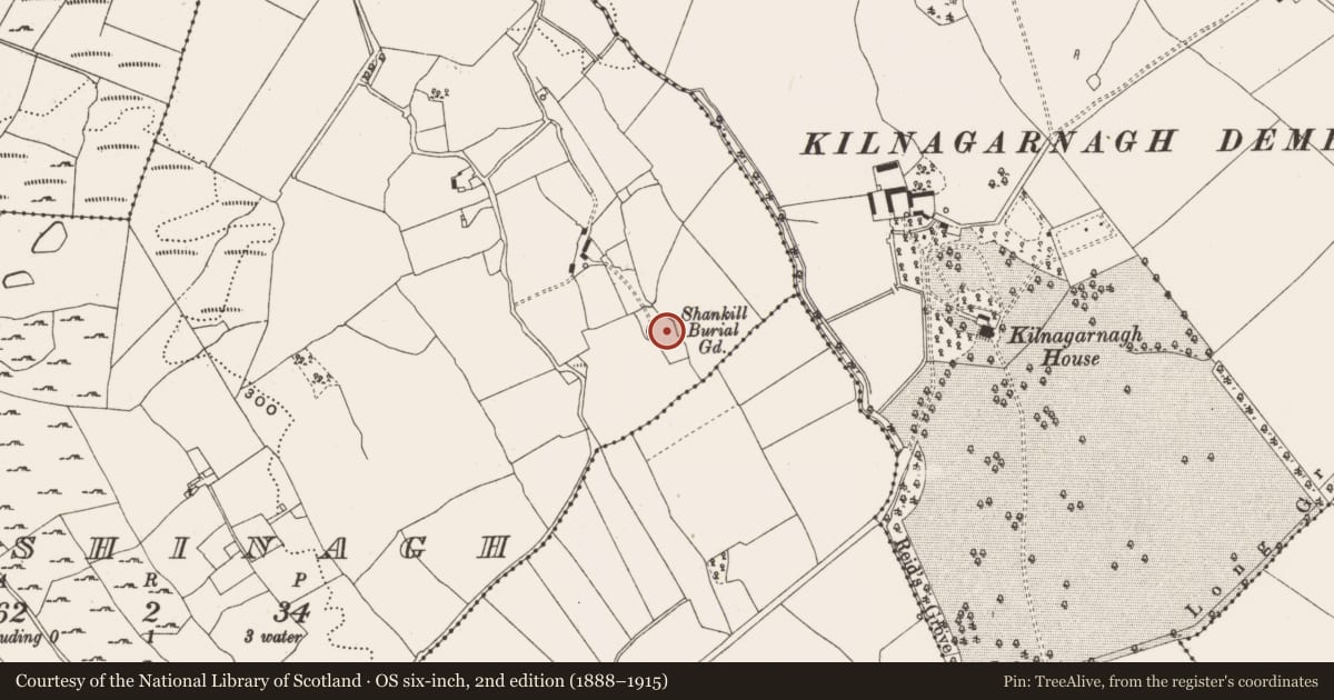Ordnance Survey six-inch map, 2nd edition (1888–1915) covering the location of Burial ground, Rashinagh, County Offaly, with a pin at the register's coordinates
