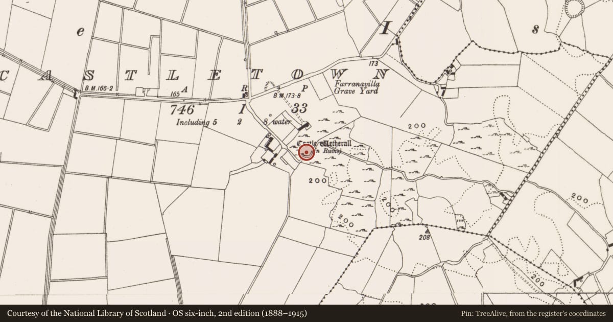 Ordnance Survey six-inch map, 2nd edition (1888–1915) covering the location of Bawn, Castletown, County Offaly, with a pin at the register's coordinates