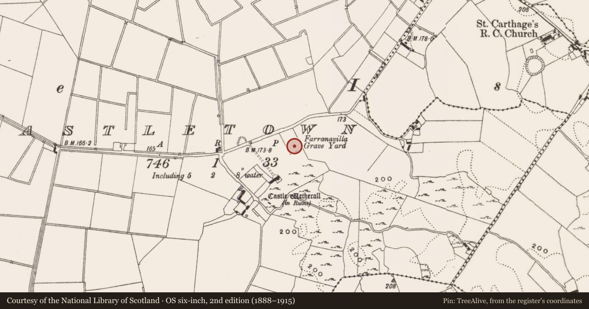 Ordnance Survey six-inch map, 2nd edition (1888–1915) covering the location of Burial ground, Castletown, County Offaly, with a pin at the register's coordinates