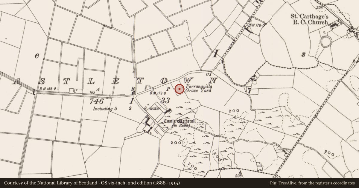 Ordnance Survey six-inch map, 2nd edition (1888–1915) covering the location of Bullaun stone, Castletown, County Offaly, with a pin at the register's coordinates